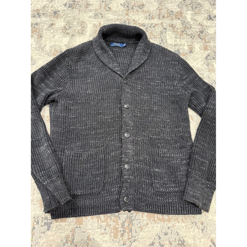 Polo Ralph Lauren Mens Shawl Collar Ribbed Knit Cardigan Sweater Charcoal Gray M